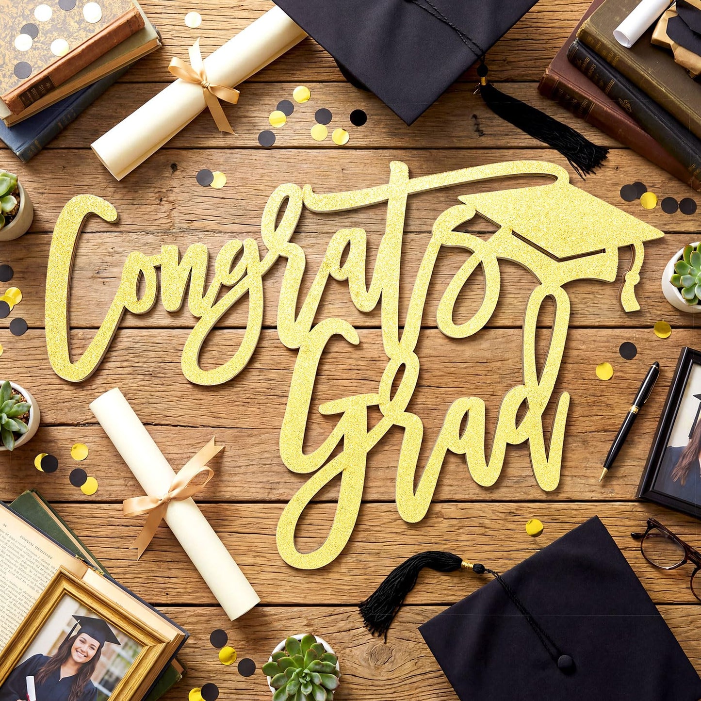 2026 Graduation Decorations Congrats Grad Wood Sign for Class of 2026 Graduation Party Backdrop Decorations Cutout Graduations Photo Booth Prop for School Celebration Sign Wall Decor(Gold)