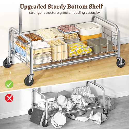 Raybee Clothes Rack with Storage Basket for Hanging 200+ Clothes, Rolling Heavy Duty Clothing Rack with Sturdy Wheels, Portable & Adjustable & Commercial Garment Racks, Chrome