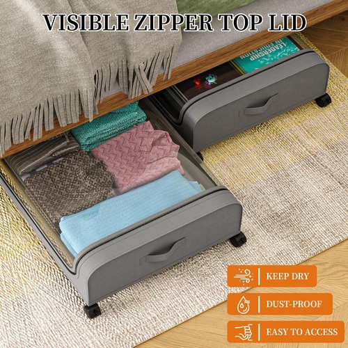 ifory Under Bed Storage with Wheels, XXL 60L 2-Pack Under the Bed Storage Containers, Underbed Storage Bins Rolling Storage Box with Clear Lids, for Clothes, Shoes, Toys, Books