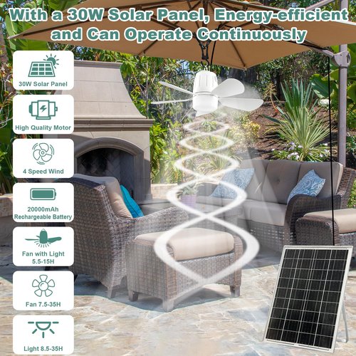 Gliztech Solar Ceiling Fan Light, 20000mAh Portable Gazebo fan with 30W Solar Powered Fan with Remote Control, Outdoor Ceiling Fan with Light for Patios, Canopy, Shed, RV, Porch and Chicken Coop
