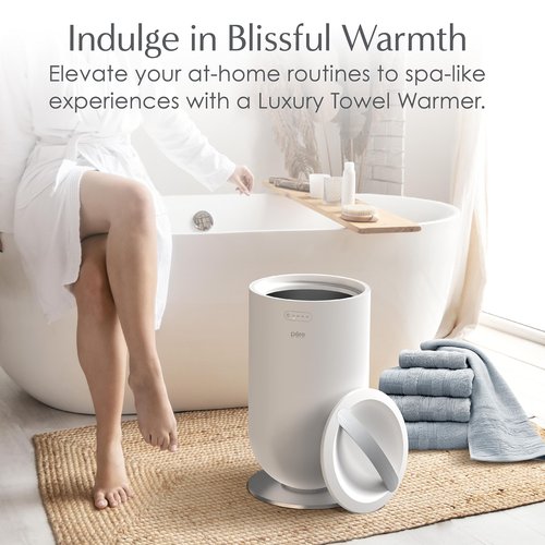 Pure Enrichment PureBliss Luxury Towel Warmer - Extra Large 20L Heats Towels, Robes, Blankets, or Clothing - Modern Bucket Design, 4 Heat Timer Settings & Auto Shut-Off (White & Brushed Silver)