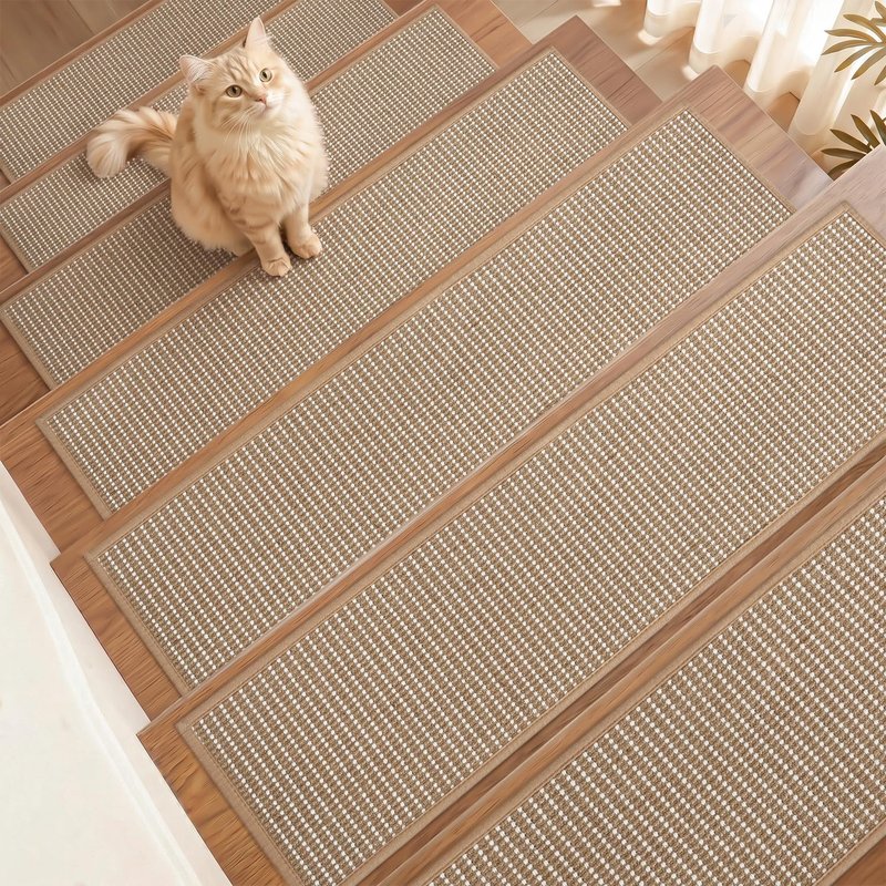 15PC Jute Stair Treads for Wooden Steps-Non Slip Peel and Stick Stair Treads Indoor, Adhesive Staircase Step Treads Residue Free, Cat-Friendly & Scratch-Resistant Durable Stair Runner Rug,8"x30" Beige
