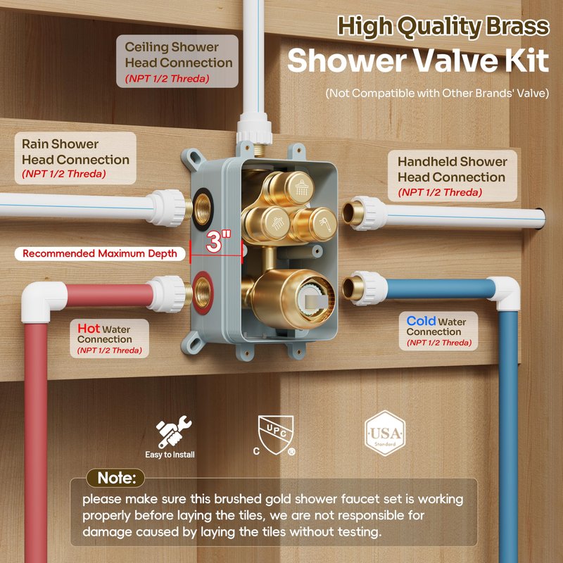 Gold Shower Faucet Set, Brushed Gold Shower System, 10'' Ceiling Shower Head and 6'' Wall Mounted ShowerHead, Dual Gold Shower Head with Handheld Combo, 3 In 1 Push Button Shower Diverter Valve