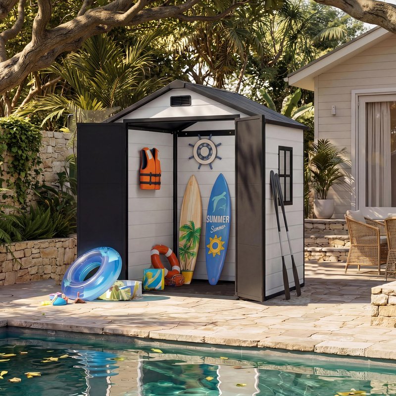 Garvee 6x4 FT Outdoor Storage Shed with Floor, Plastic Resin Garden Shed with Window & Sloping Roof & Lockable Door for Patio Backyard Garden, Lawn Mower, Bike, Tool Storage