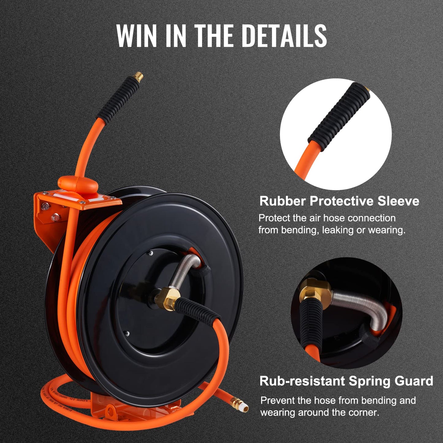 VEVOR Retractable Air Hose Reel, 3/8 IN x 50 FT Hybrid Air Hose Max 300PSI, Air Compressor Hose Reel with 5 ft Lead in, Ceiling/Wall Mount Heavy Duty Single Arm Steel Reel