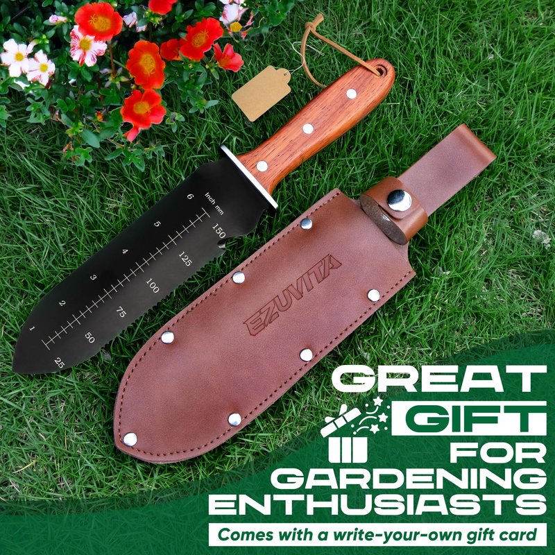 EZUVITA Hori Hori Garden Knife, Gardening Tools with Leather Sheath for Weeding, Gardening, Digging, 7” Stainless Steel Blade with Black Electrophoresis Coating, Double Cutting Edge, Full Tang Wood Handle with Hanging Hole, Fathers Day Gift