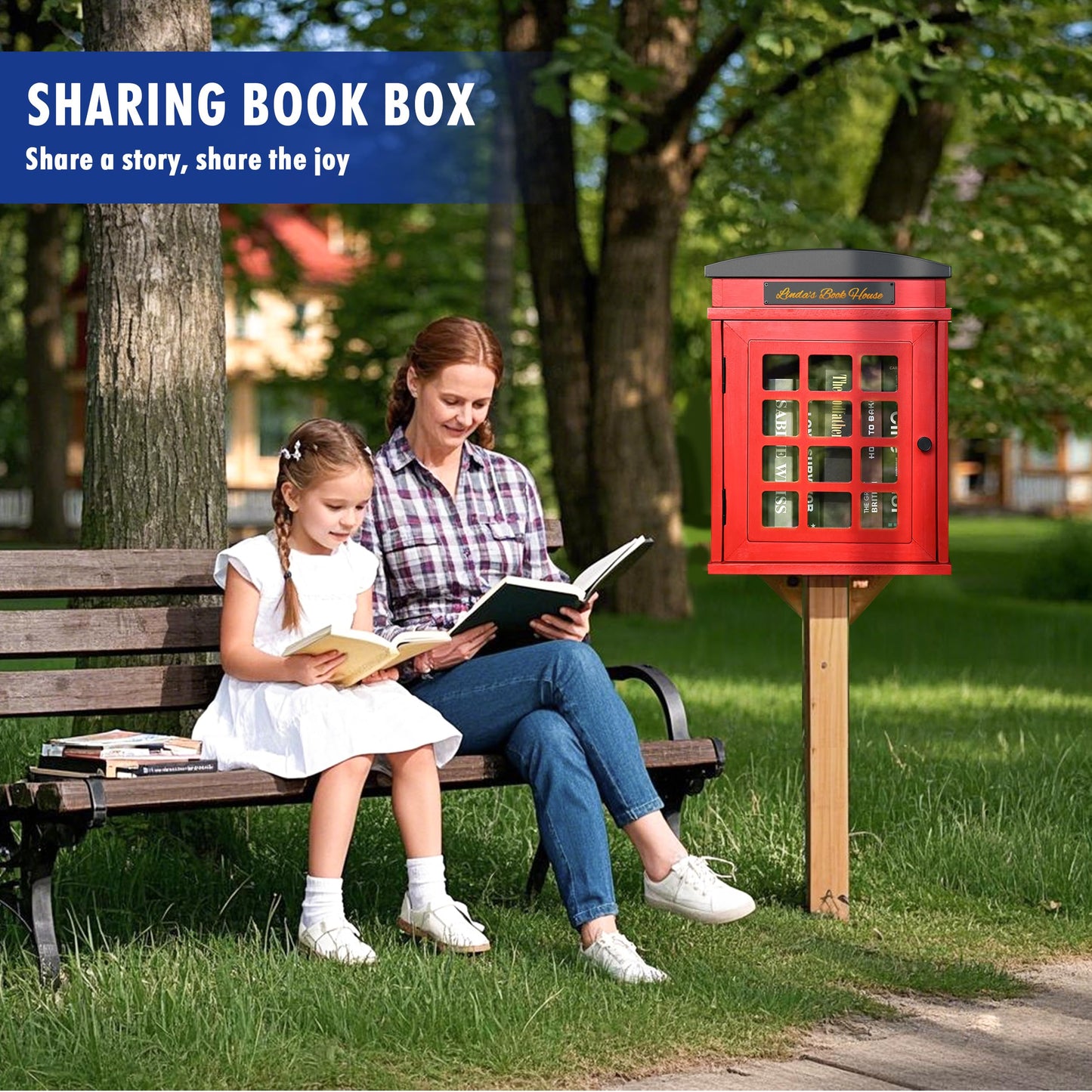 Outdoor Book Sharing Box, Waterproof Tin Roof Wooden Book Exchange Cabinet for Communities, Neighborhoods, and Schools, DIY Literature Storage for Books, Magazines, and Art (Red Telephone Booth)