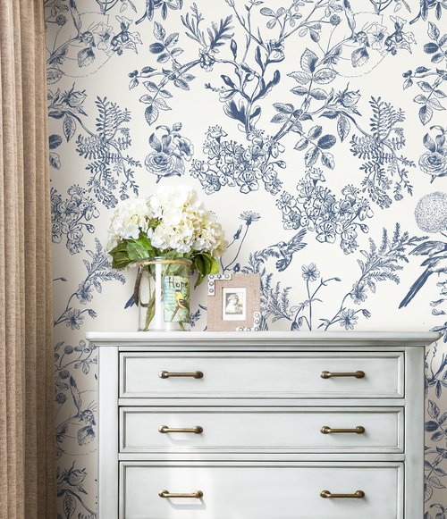 Safiyya Peel and Stick Wallpaper Blue and White Contact Paper Floral Birds Wall Paper Modern Boho Removable Self Adhesive Wallpaper Vinyl Rolls 118"x17.3"