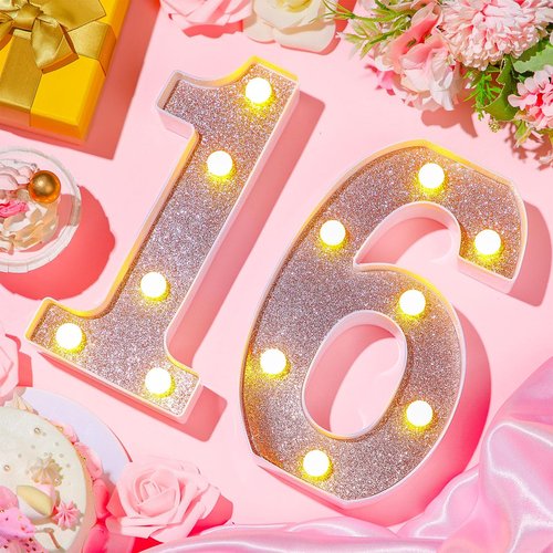 Treela 8.7'' Birthday Decorative LED Light up Numbers, Glitter Marquee Number Sign for Night Birthday Party Decorations Anniversary Bar LED Sign Backdrop Wall Table Centerpieces(16th,Rose Gold)