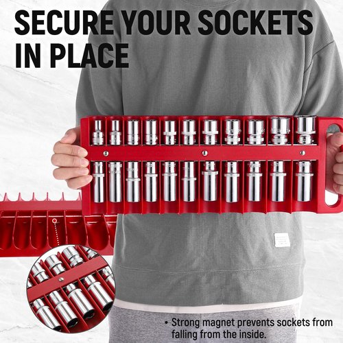 Reniteco Magnetic Socket Organizer Set, 3-Piece Red Portable Magnetic Socket Holder Tray, Heavy Duty Socket Racks For 1/2-inch& 3/8-inch& 1/4-inch Drive, Hold 76 Sockets - Fit Shallow&Deep Sockets