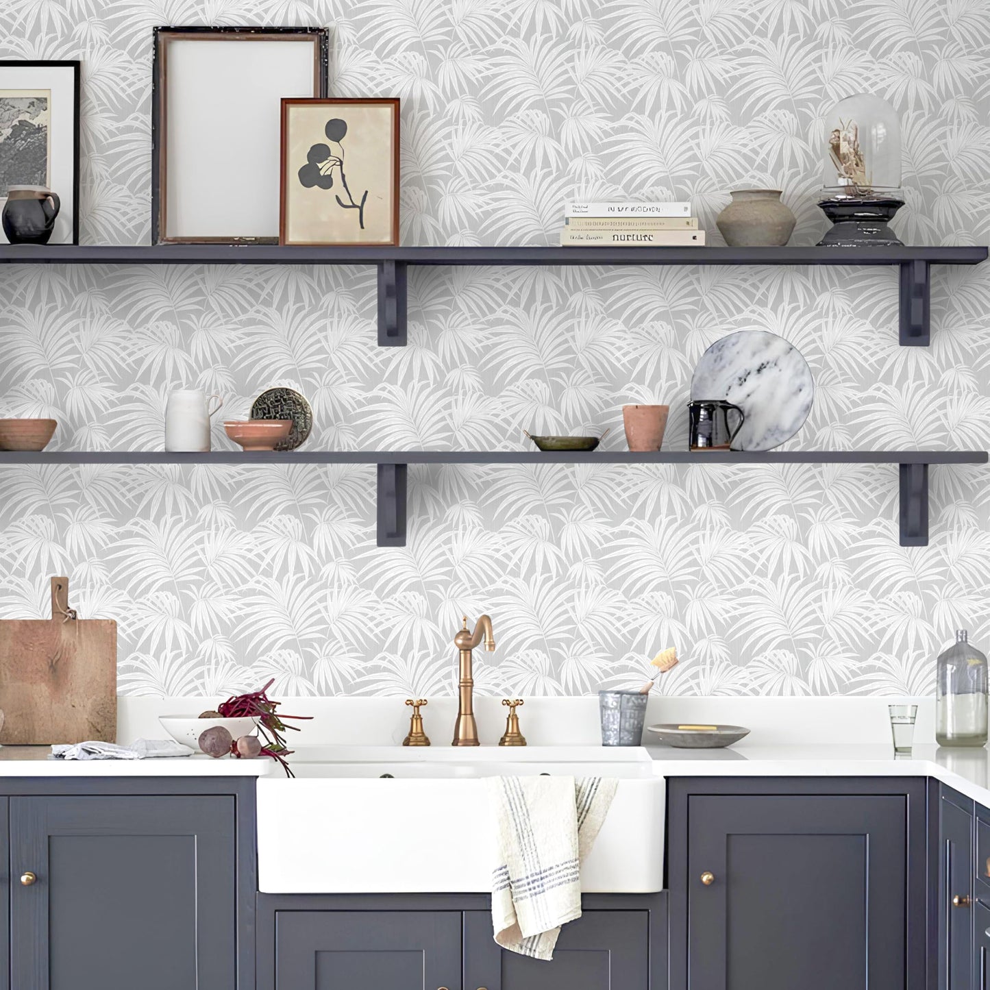 MelunMer Grey Leaf Peel and Stick Wallpaper Boho Gray Contact Paper Self Adhesive Wallpapers Removable Wallpaper for Bedroom/Bathroom Waterproof Modern Contact Paper for Cabinets Palm 197In L 17.3In W