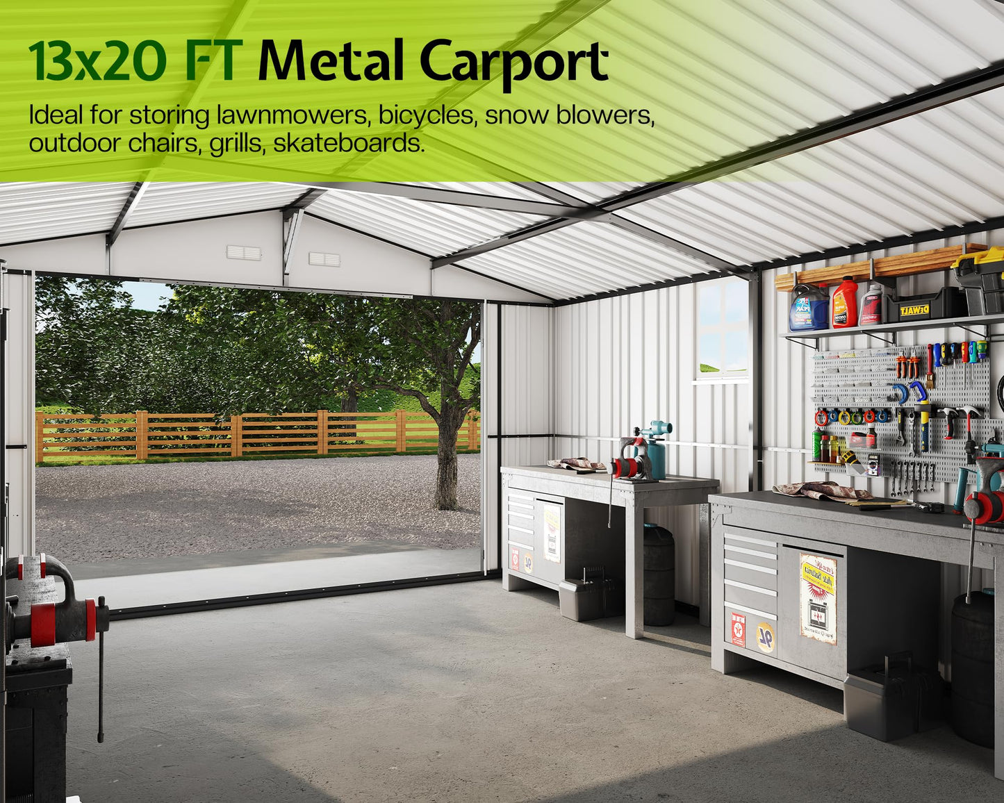 Jocisland 13.2x20.7x8 FT Heavy Duty Carport, Metal carport with 2 Lockable Doors & 4 Windows, Carport Canopy for for Car, Truck, Garbage Can, Tool, Lawnmower, Grey