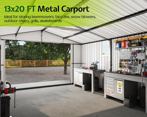 Jocisland 13.2x20.7x8 FT Heavy Duty Carport, Metal carport with 2 Lockable Doors & 4 Windows, Carport Canopy for for Car, Truck, Garbage Can, Tool, Lawnmower, Grey