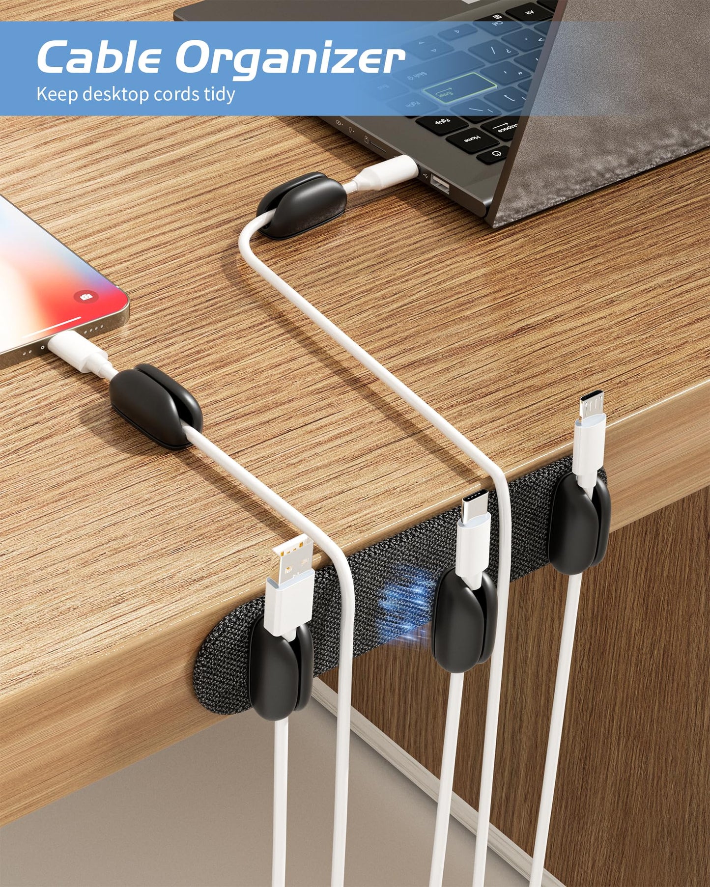 5-Pack Magnetic Cable Clips Cord Organizer - Smoothly Adjustable, Puretor Desk Cable Management Clips. Ideal Wire Holders for Desktop, Nightstand, Wall - Perfect for Home Office, Phone, Car (Black)