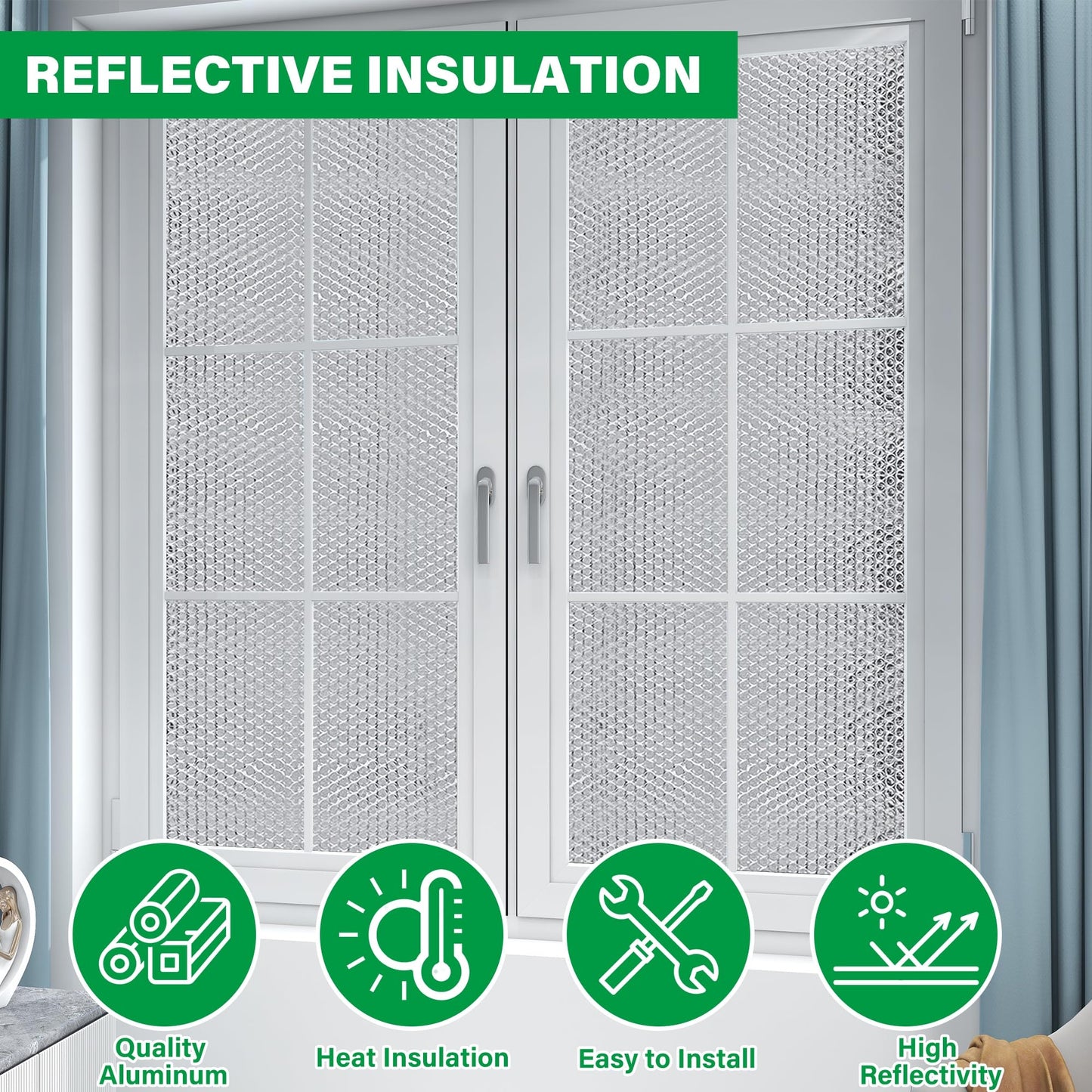 winemana Window Insulation Roll, 48IN x 10FT Reflective Heat Shield Bubble Film, Double-Sided Aluminum Foil Insulation, Weatherproof Garage Door Cover for Windows, RV, Basement, Winter & Summer