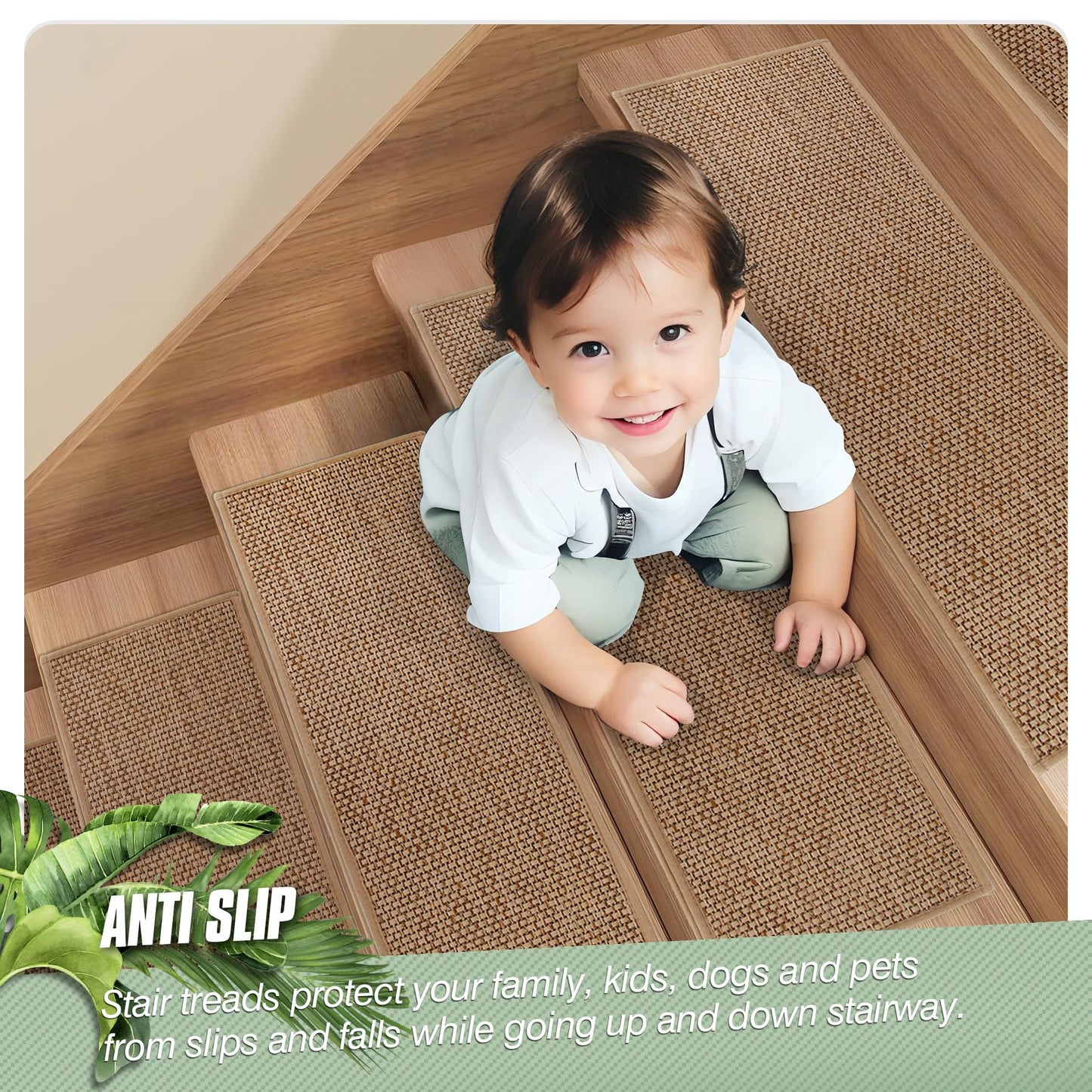 Vivikivi Linen Stair Treads for Wooden Steps, 15 Pack 8" X 30" Carpet Stair Runners Non Slip Indoor, Peel and Stick Stair Treads for Kids Elders and Pets, Beige