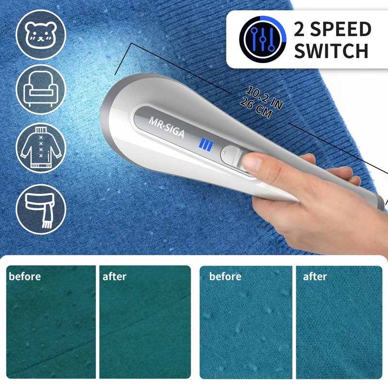 MR.SIGA Fabric Shaver and Lint Remover with 2 Speeds, Rechargeable Electric Lint Fuzz Remover with LED Lights and 2 Replaceable 6-Leaf Blades, Cream/Gray