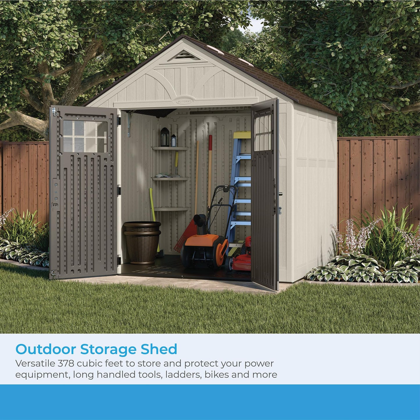 Suncast 8' x 7' Heavy-Duty Resin Tremont Storage Shed with Reinforced Floor, Skylights for Natural Light, Lockable Double Doors, Cream, Made in the USA