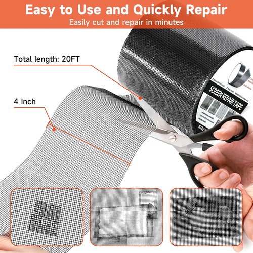 HOFUDON 4in X 20ft Window Screen Repair Tape Black - Heavy Duty 3-Layer Adhesive, Waterproof Fiberglass Mesh Patch Kit for Windows/Doors/Magnetic Screens