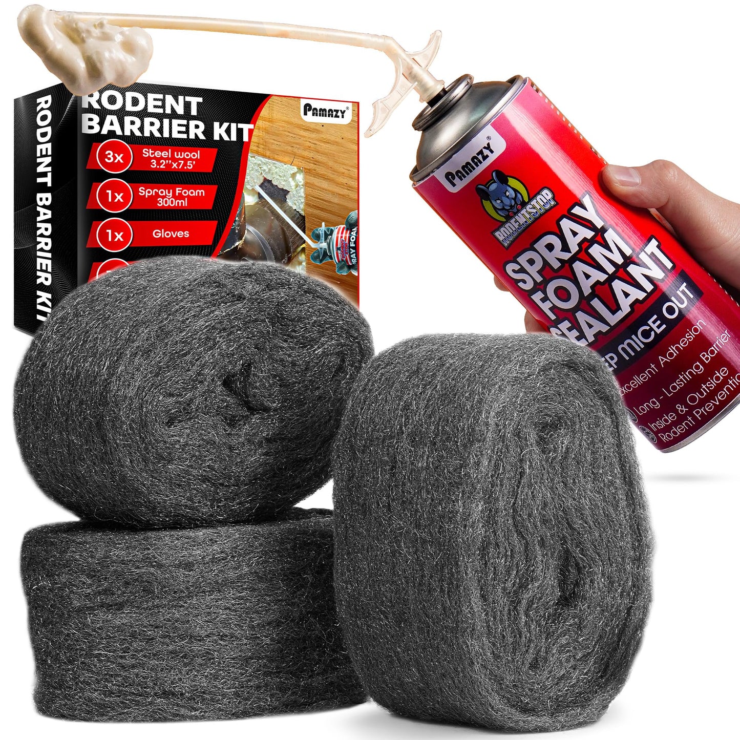 Rodent Barrier Kit, 3PCS Steel Wool Included PU Foam Hole Filler, 3.2"x7.5’ Steel Wool for Mice Control, Rodent Control Fill Fabric, Gloves, Scissors, Gap Blocker in Hole Pipeline Vent in House Garage