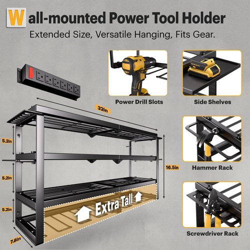 Spampur Power Tool Organizer Wall Mount with Charging Station, 4 Layer 8 Slots Cordless Drill Holder for Garage Storage, Utility Racks Max 420lbs Load With 6 Outlet Power Strip for Fathers Men Gift