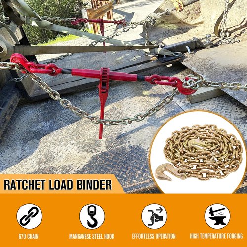 Chain Binders, Transport Chain, Tie Down Chain and Binder 3/8''-1/2'', 10Ft Chains with G70 Hooks, Ratchet Load Binders 9215Lbs Working Strength, Towing Chain for Flatbed Trailer Truck