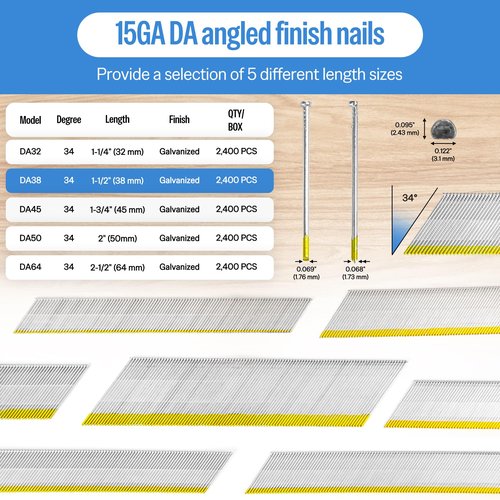 meite 15 Gauge Finish Nails, 1-1/2 Inch 34 Degree 15 Gauge Angled Finish Nails in Galvanized for Electric or Pneumatic Nailer Guns(2,400 Counts)