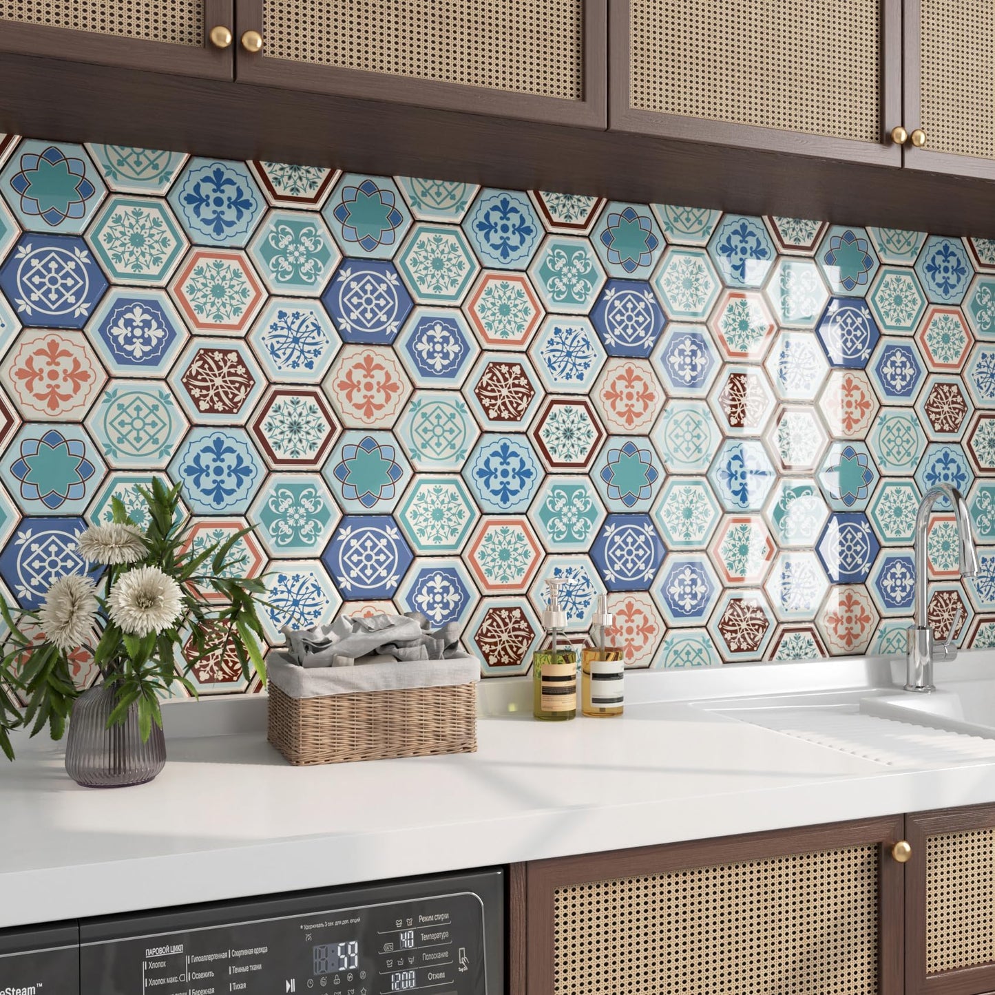 FunStick 15 Pcs Teal Blue Peel and Stick Tile Backsplash for Kitchen Bathroom Boho Self Adhesive Wall Tiles 12"x12" Removable Peel and Stick on Backsplash Tiles for Renters Kitchen Shower Tile Sticker