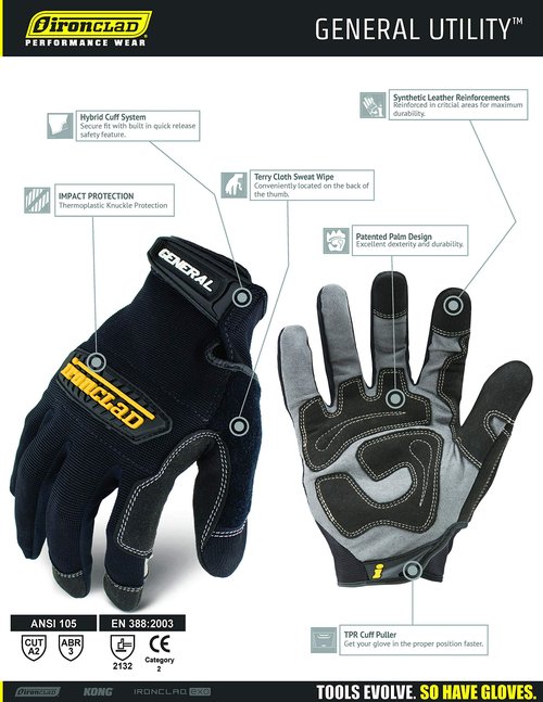 Ironclad GUG04L General Utility Spandex Gloves, Black, Large, Pair