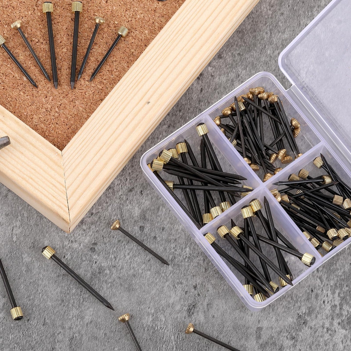 90 Pcs Nails for Hanging Pictures, 3 Different Size Small Nail for Picture Hangings Sturdy Pictures Frame Nail Picture Hanging Nails with Plastic Box (Black Gold)
