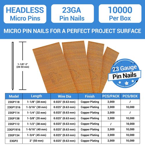meite 23 Gauge Pin Nails, 2-Inch Micro Headless Pins for Pin Nailer - Copper Plated Pins Nails for Nail Gun, Ideal for Fine Woodworking and Trim Work (10,000 PCS)