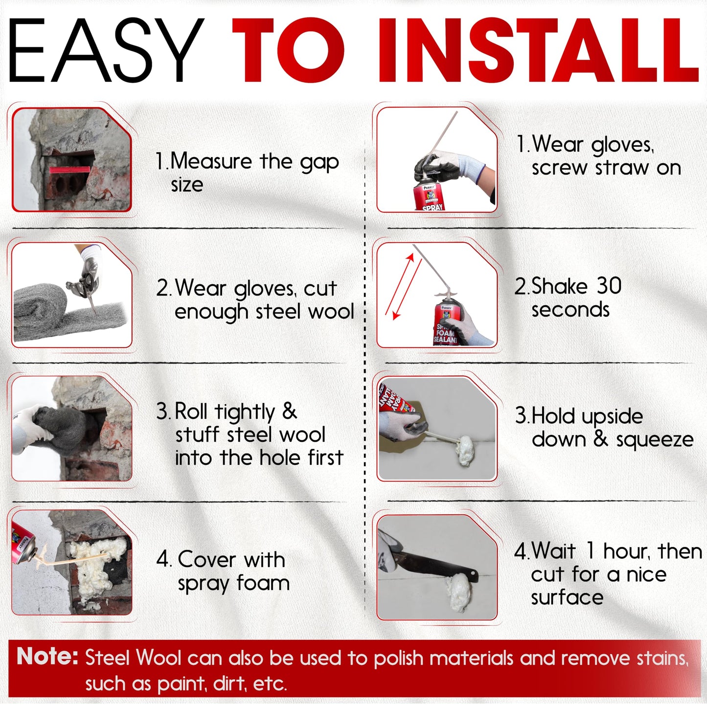 Rodent Barrier Kit, 3PCS Steel Wool Included PU Foam Hole Filler, 3.2"x7.5’ Steel Wool for Mice Control, Rodent Control Fill Fabric, Gloves, Scissors, Gap Blocker in Hole Pipeline Vent in House Garage