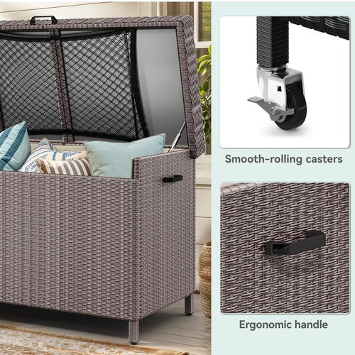 YITAHOME 200 Gallon Outdoor Storage Box w/Storage Net, Rattan XL Outdoor Deck Box, Patio Cushion Storage, Outside Storage Box for Patio Furniture, Garden Tools, Pool Sports Equipment (Brown)