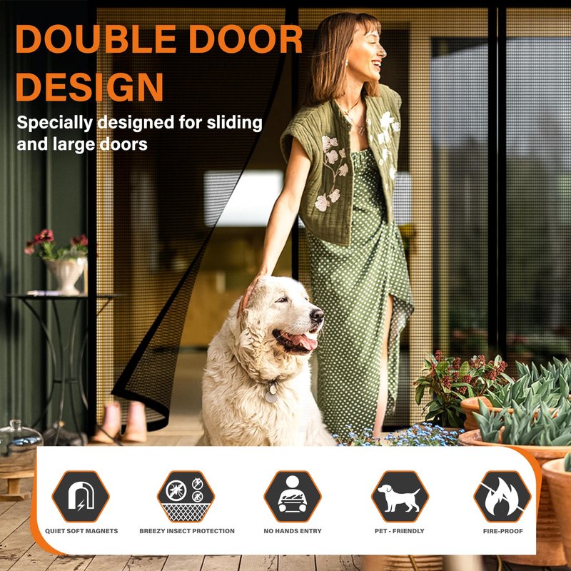 Double Door Fiberglass Magnetic Screen Door,Screen Door Mesh,Keep Bugs Out, Heavy-Duty Mesh Curtain,Pet and Kid Friendly, Works with Front Doors, Sliding Doors(72x96 Inch