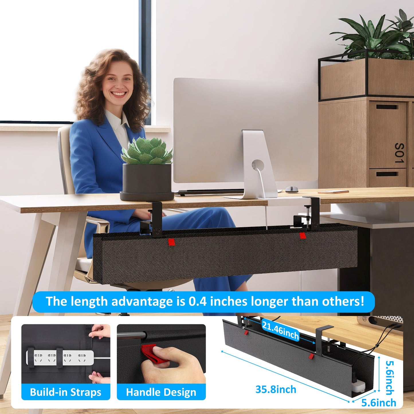 Cotohim Under Desk Cable Management Tray - Under Desk Cord Management - Clamp/Screw Mount - Fabric Wire Management - Cable Raceways Tray Cord Hiders for Office/Home (Black, 35.8"×5.6")