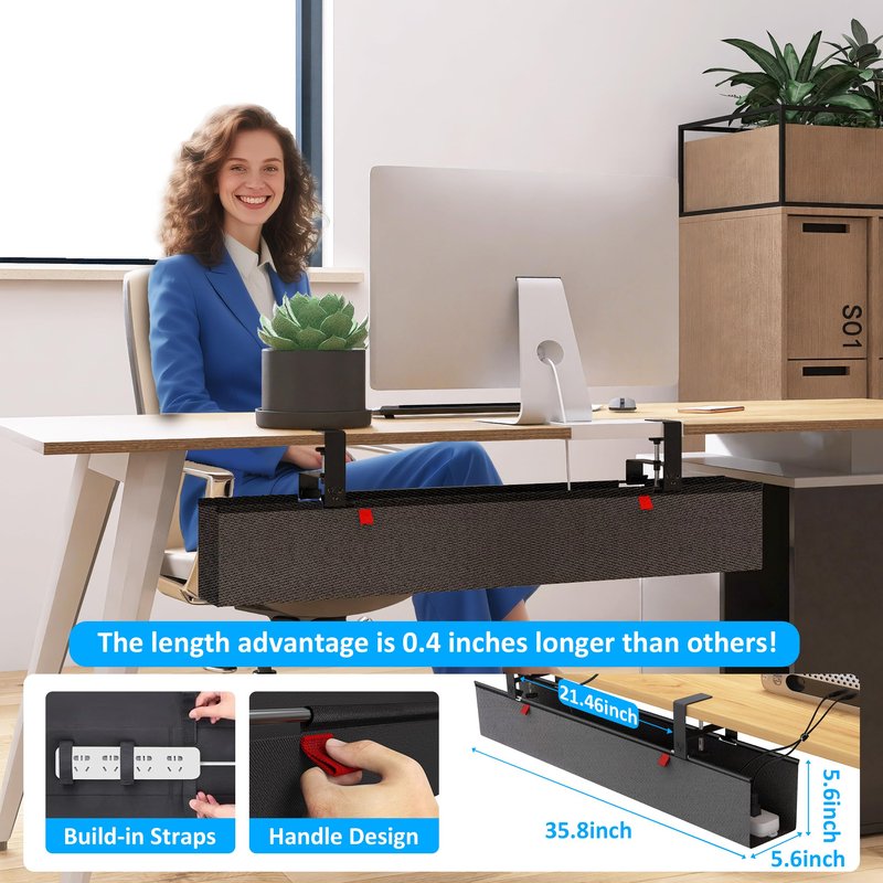 Cotohim Under Desk Cable Management Tray - Under Desk Cord Management - Clamp/Screw Mount - Fabric Wire Management - Cable Raceways Tray Cord Hiders for Office/Home (Black, 35.8"×5.6")