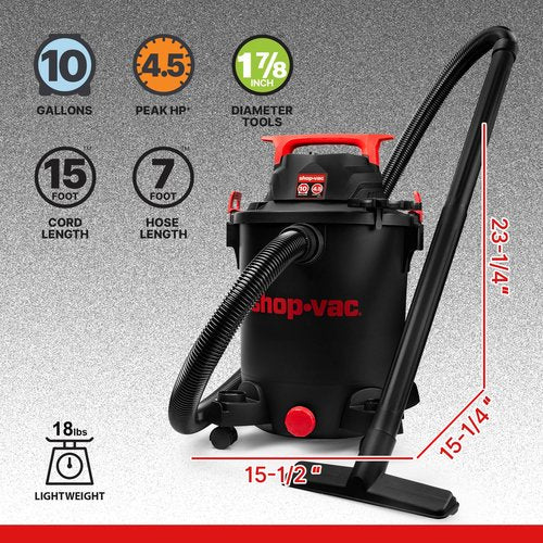 Shop-Vac 5430115 Wet/Dry Vacuum, 10 Gallon, 4.5 Peak HP, 1-7/8 Inch Diameter x 7 Foot Hose, 15 Foot Cord, Ideal for Jobsite, Garage, Workshop & Home