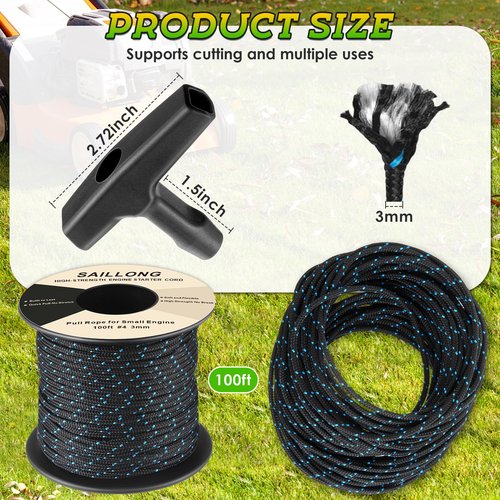 Saillong 100' Starter Rope, Pull Cord Rope for Small Engine with 2 Starter Handle, 3mm Diameter High wear Resistant, Low Stretch, Replacement for Lawn Mower Chainsaw Trimmer Edger Brush Cutter Engine