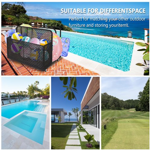 ChicCoutured Poolside Float Storage, Double Layer Outdoor Storage, PE Rattan Outdoor Pool Caddy With Rolling Wheels, Patio Deck Boxes, Storage Box, Pool, Beach-Sturdy,Dark Brown
