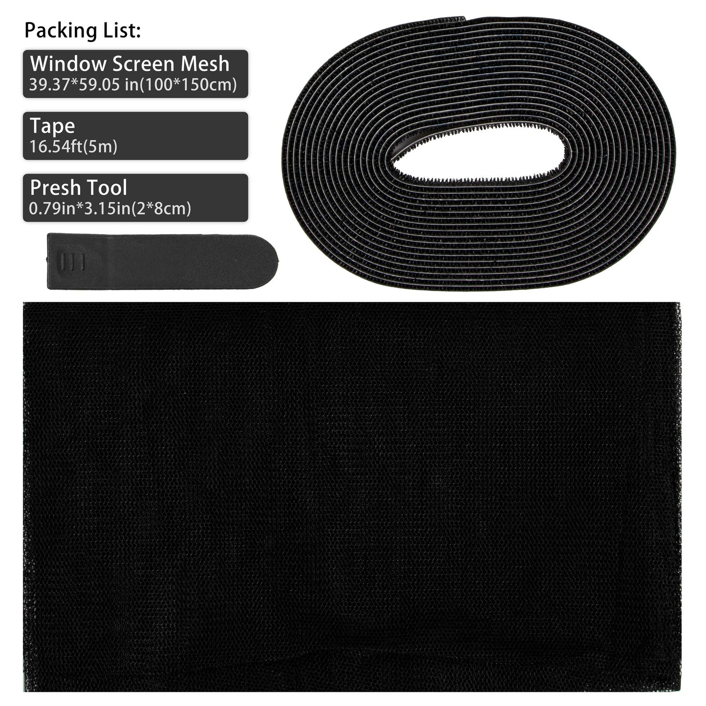 Flyzzz DIY Self-Adhesive Window Screen Netting Mesh Curtain, 100X150cm (Approach 39.37x59.05 Inches), with Hook and Sticky Tape, Fitted to Multiple Windows (1 Pack, Black)