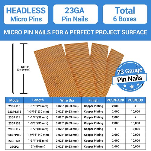 meite 23 Gauge Pin Nails, 1-1/2-Inch Micro Headless Pins for Pin Nailer - Copper Plated Pins Nails for Nail Gun, Ideal for Fine Woodworking and Trim Work (6 Boxes)