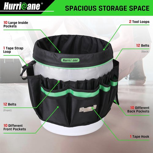 HURRICANE 5 Gallon Bucket Tool Bag Organizer, Garden Tool Caddy with 52 Pockets, Waterproof for Most Buckets