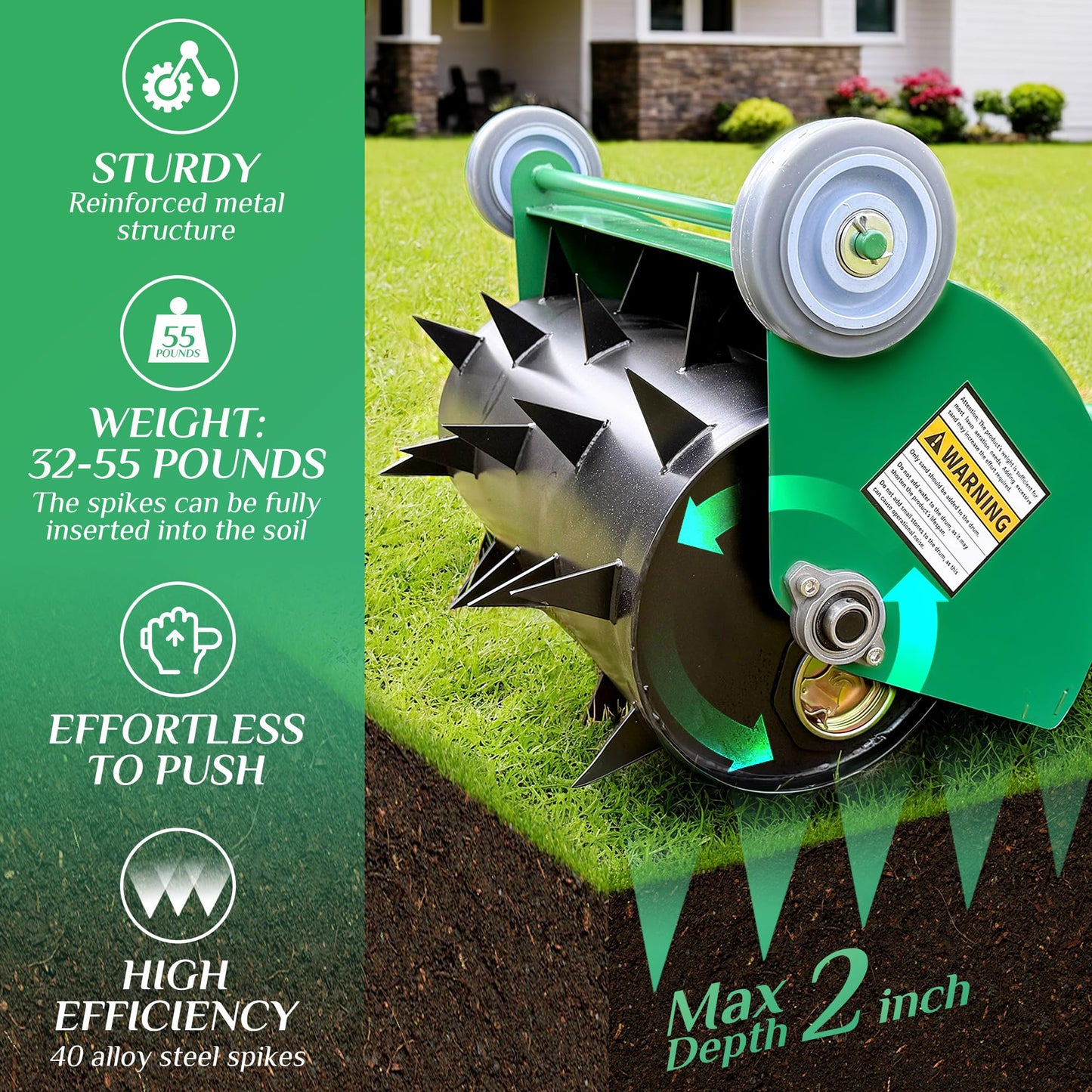 SENVERT Rolling Lawn Aerator, Heavy Duty Push Spike Aeration Tool Up to 55 lbs, Manual Rotary Grass Aerator for Garden and Yard Use