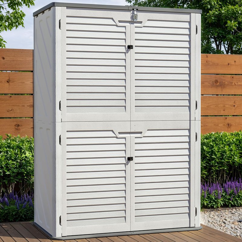 WillowLume 65 Cu.Ft Outdoor Storage Shed, Lockable Outdoor Vertical Resin Storage Cabinet with Floor, All-Weather Waterproof Shed for Garden, Backyard, Pool (65 cu ft - 2 Shelves)