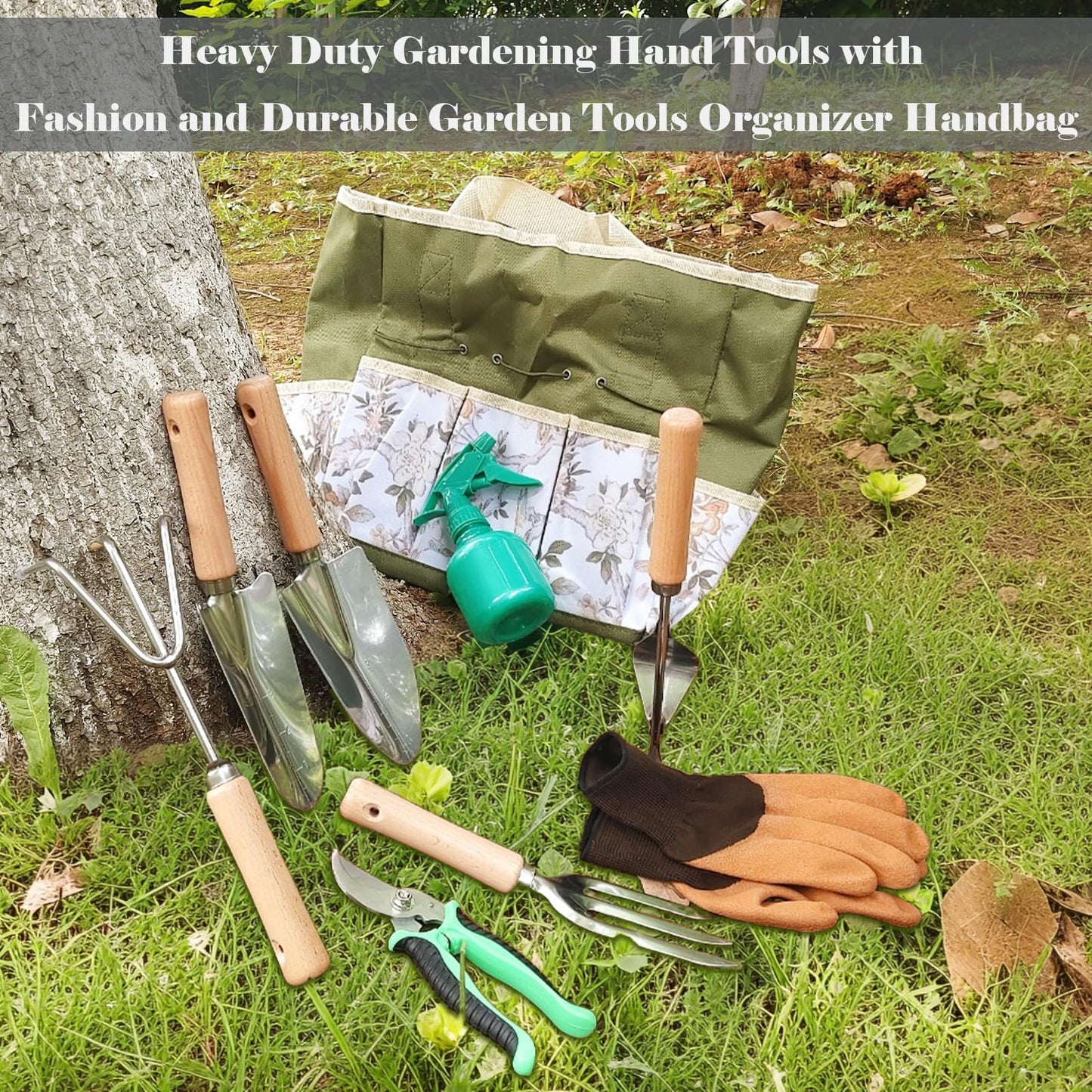 Heavy Duty Gardening Tools, 9 Pieces Garden Tool Set, Stainless Steel Rust Proof Non-Slip Garden Hand Tools with Fashion and Durable Storage Bag, Ideal Gardening Gifts for Women Men Mom