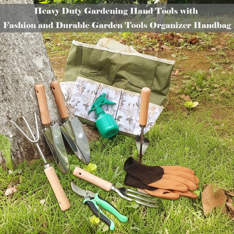Heavy Duty Gardening Tools, 9 Pieces Garden Tool Set, Stainless Steel Rust Proof Non-Slip Garden Hand Tools with Fashion and Durable Storage Bag, Ideal Gardening Gifts for Women Men Mom