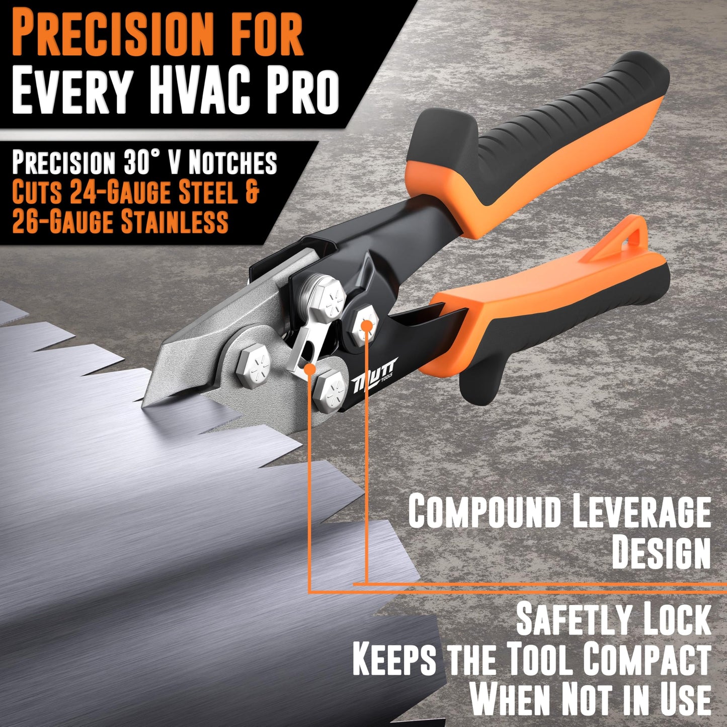 Mutt Tools 30° Sheet Metal Notcher for HVAC - Professional V Notcher with Spring-Loaded Design - Heavy-Duty Corner Cutter for Ductwork - Precision Steel Tool with Safety Lock