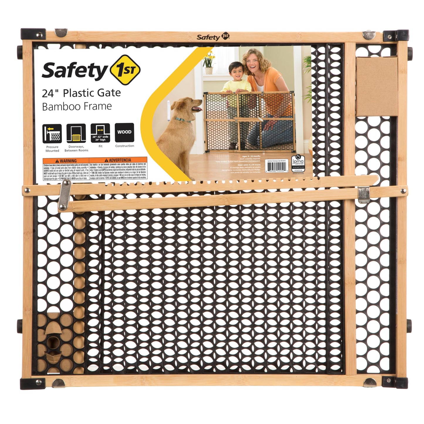 Safety 1st Bamboo Baby Gate for Doorways, No Drill Gate with Door, Dog Gates, Fits 28"-42", 24" High, Bamboo and Black