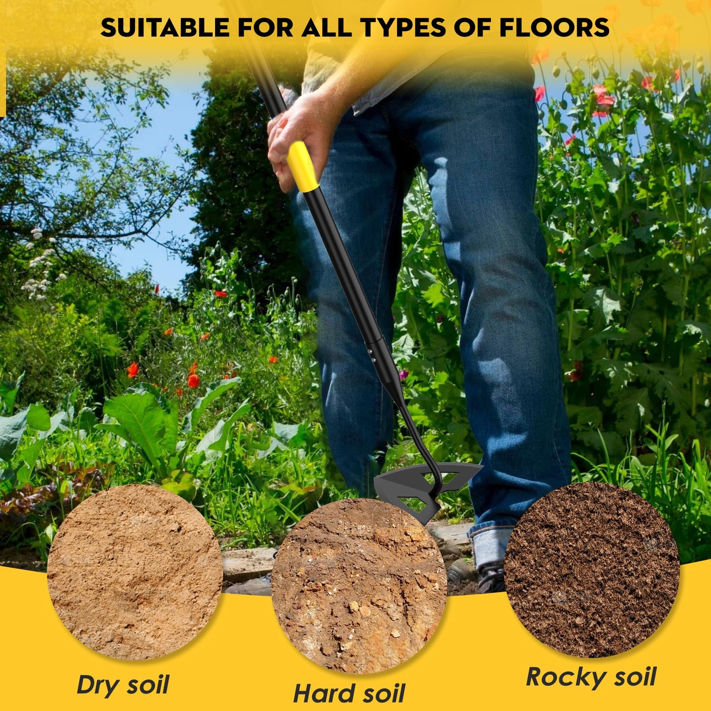 DwelSpire Hoe Garden Tools, Metal Heavy-Duty Triangular Garden Hoe for Easier Weeding and Digging, 41.3-55.5 Inch Adjustable Long Handle, Black