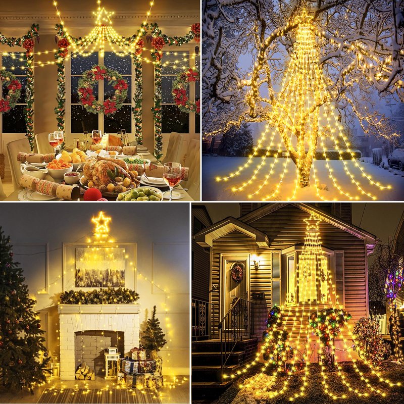 Nielfoi 12FT 344 LED Christmas Tree Lights, Plug in Waterfall String Lights with Topper Star, Waterproof 8 Modes Outdoor Christmas Decorations for Indoor Patio Yard Lawn Party, Warm White